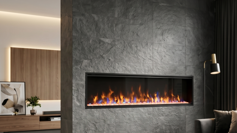 a ultra modern electric fire place built into a wall