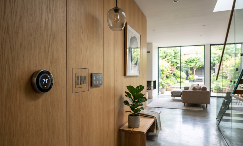 a modern home interior featuring smart heating contrls