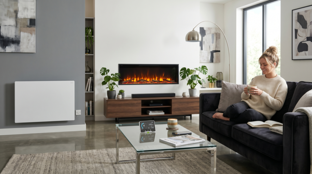 a modern living room setting with wall fitted fire and electric radiator, a woman is relaxing on the sofa with a cup of tea