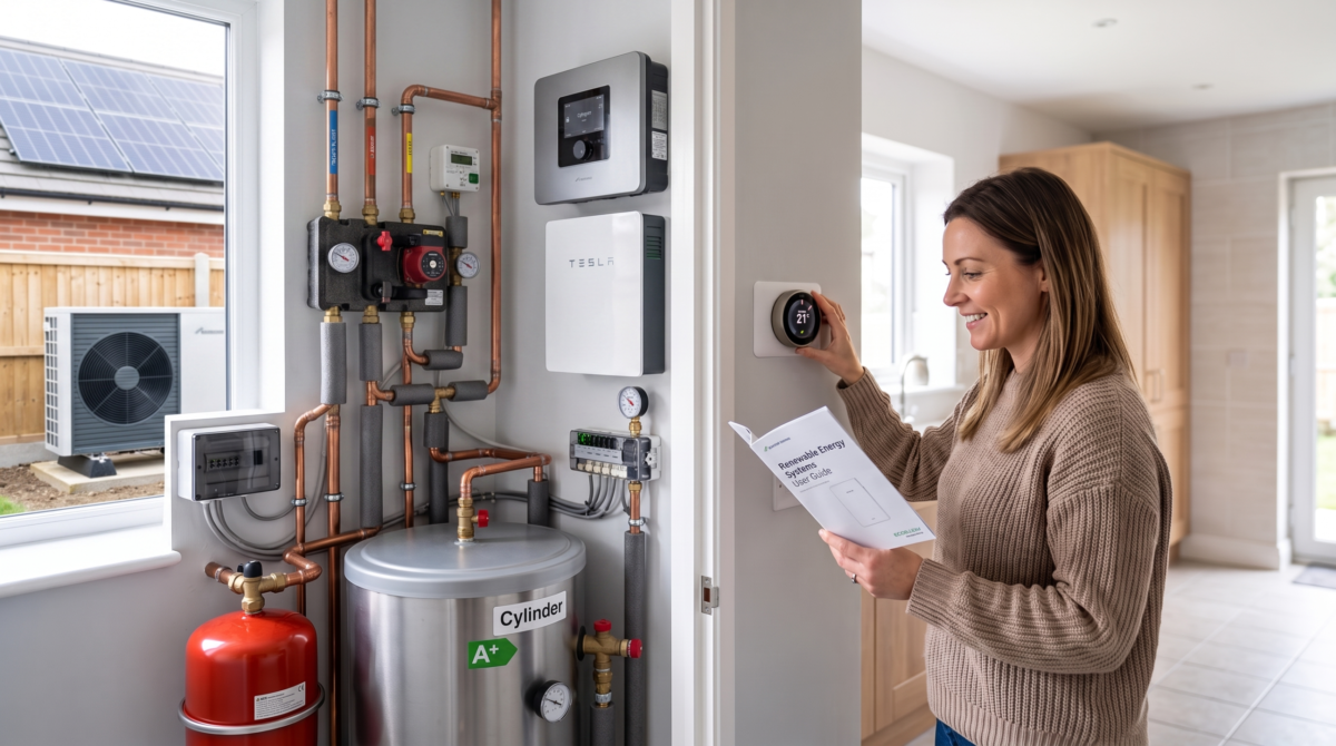 woman reading instructions for her new heat pump installation