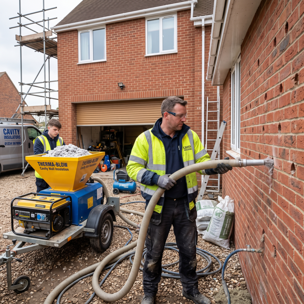 a worker blowing in cavity wall insulation