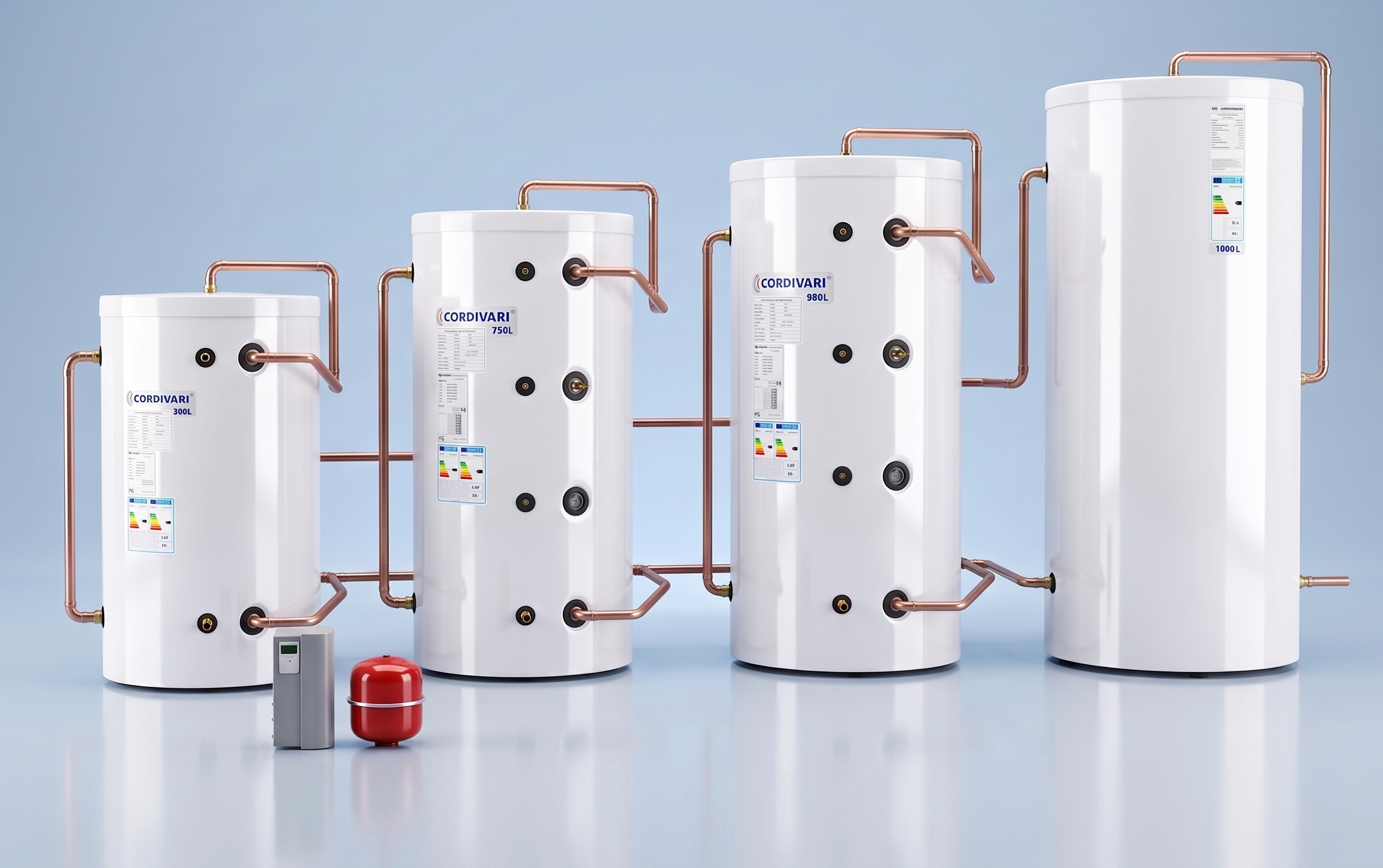 four white buffer tanks with a blue background