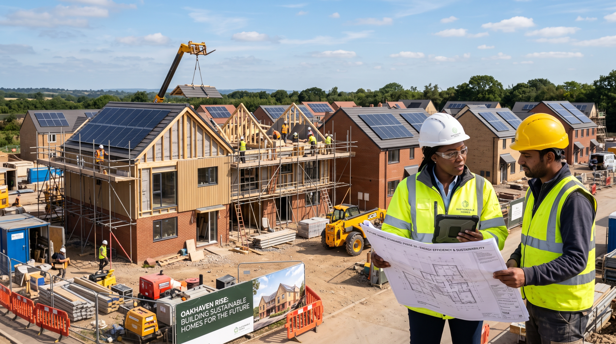 A housing development being discussed by two workers