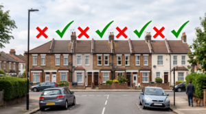 A row of houses with ticks and crosses over them