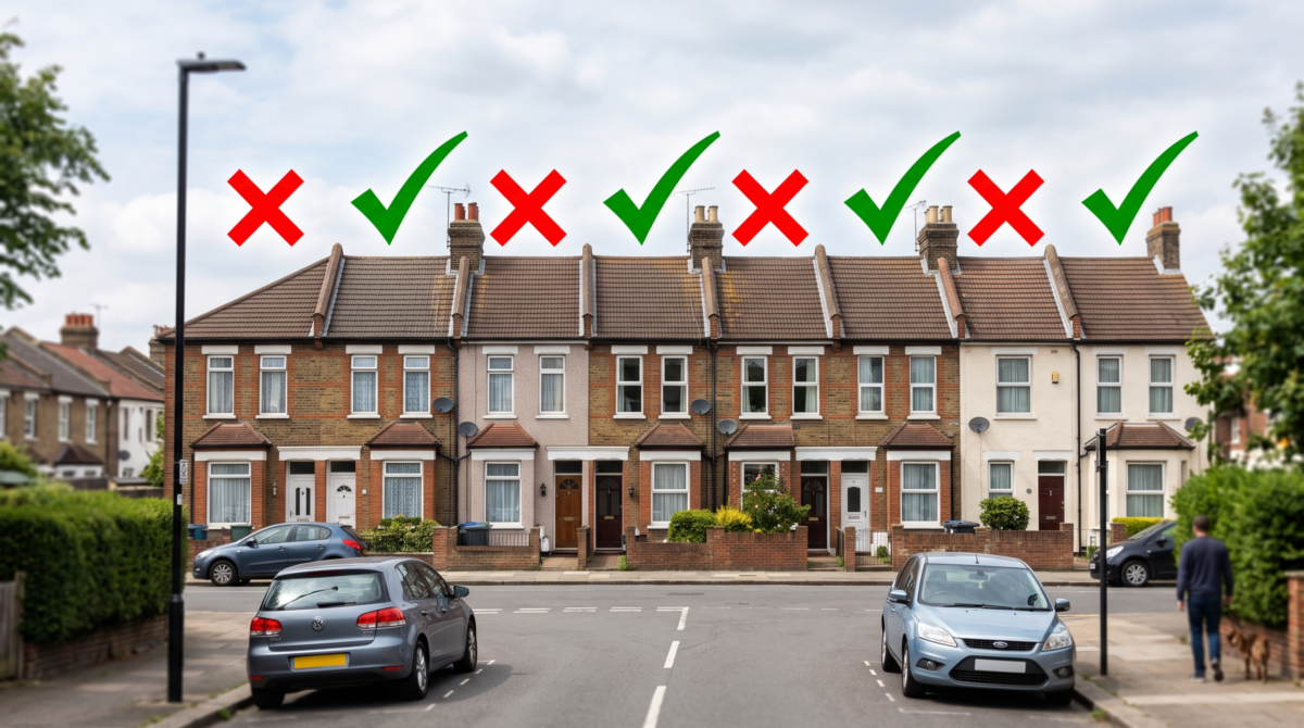 A row of houses with ticks and crosses over them