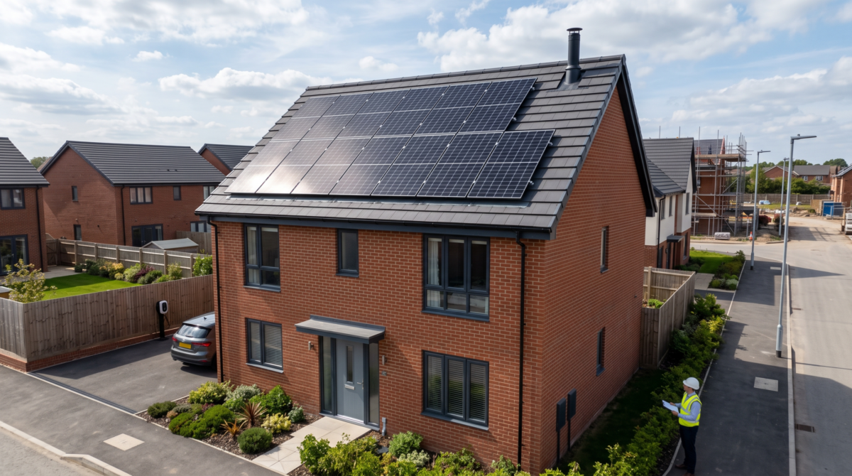 A new build house with solar panels on roof