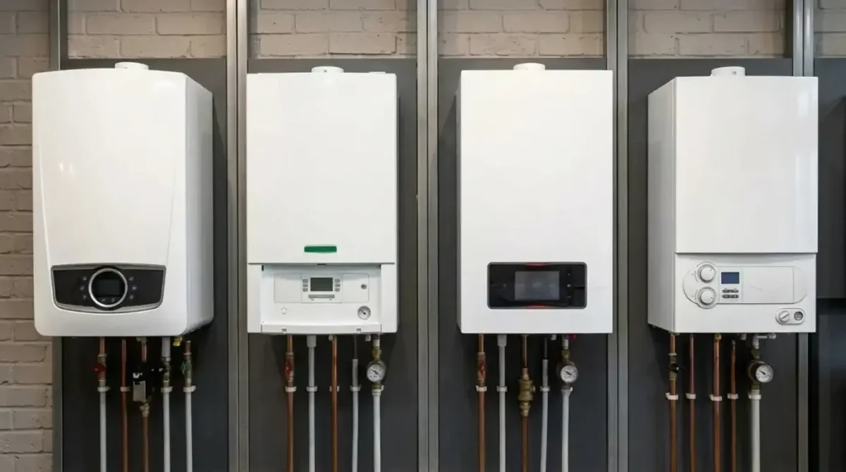 Four different makes of combi gas boilers in a row for comparison